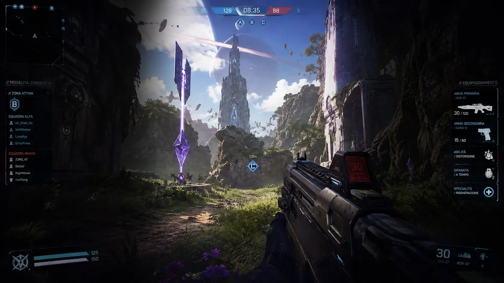The source frame with the window a 9:16 crop can keep highlighted: a central column 608 pixels wide out of 1920. Minimap, killfeed, health bar and ammo counter all fall outside it.