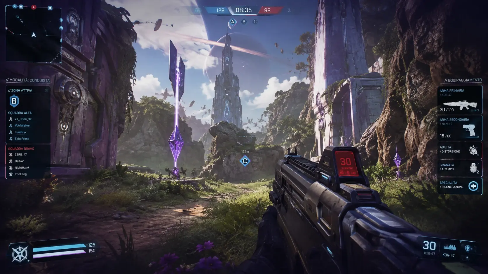 A 16:9 gameplay frame: minimap top left, killfeed top right, health and ammo along the bottom.